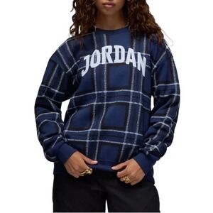 Jordan Essentials Womens Plaid Fleece Crewneck‎ Sweatshirt Navy Blue XXL